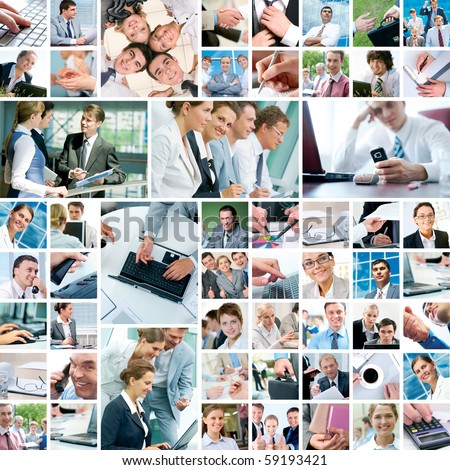 stock photo Collage with businesspeople working together and tools