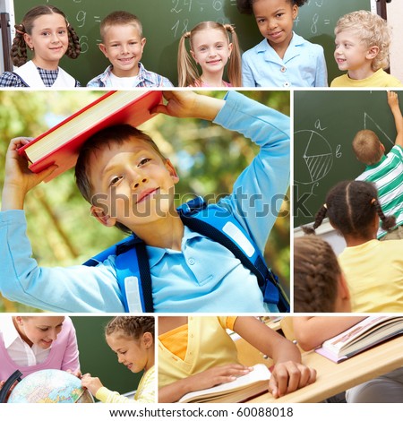 Collage of schoolchildren and studying process moments