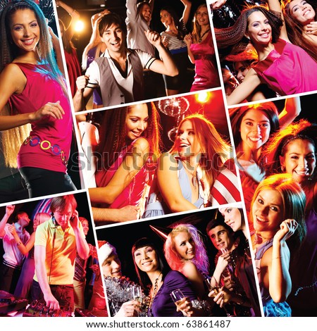 stock photo Collage of attractive young people dancing at disco and having 