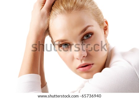 stock photo Face of natural girl looking at camera over white background