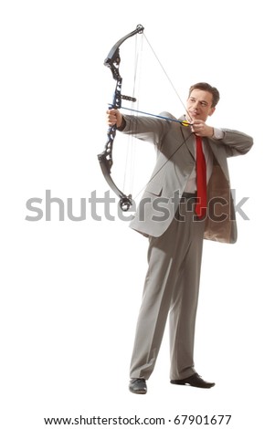 stock photo Portrait of courageous businessman holding crossbow and aiming