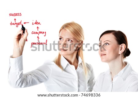 Two businesswomen drawing success scheme