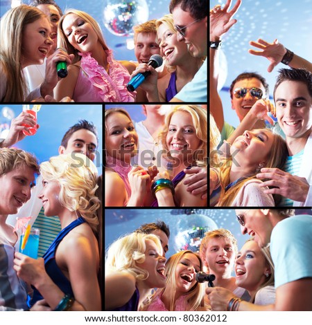 Collage of joyous guys and girls having fun at party