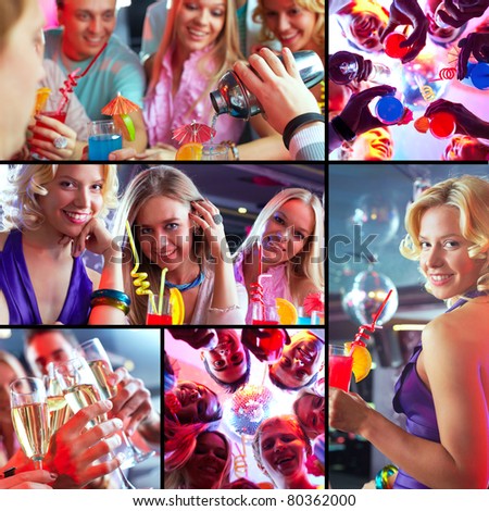 Collage of joyous guys and girls having a great party