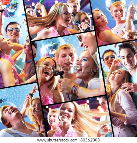 Collage of happy guys and girls having party in night club
