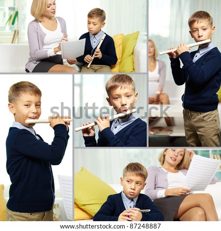 Collage of happy pupil playing the flute and his charming tutor