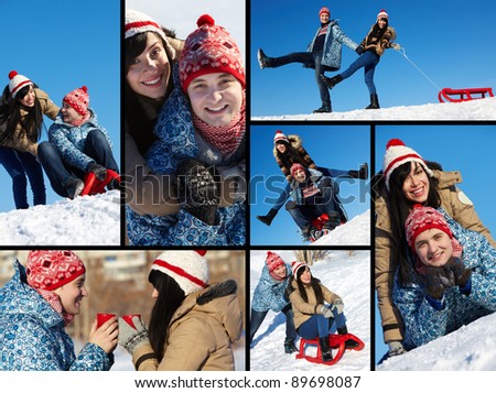 Collage of happy couple in warm clothes spending time outdoor in winter