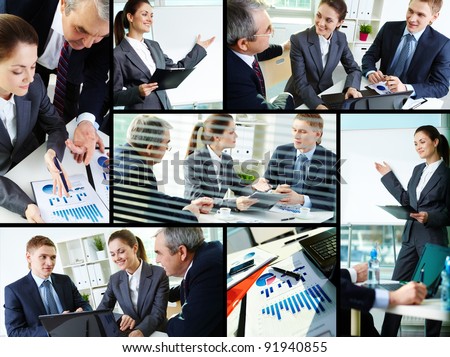 Collage of busy people discussing new project at meeting in office