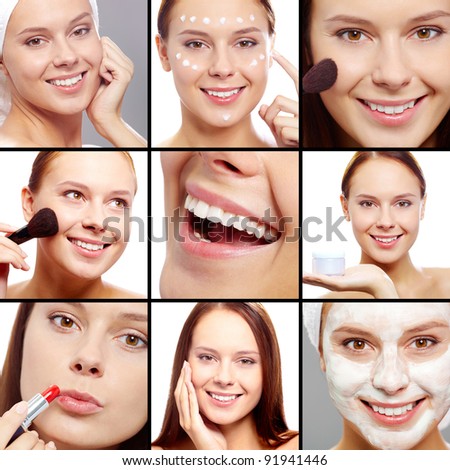 Collage of fresh girl taking care of her skin
