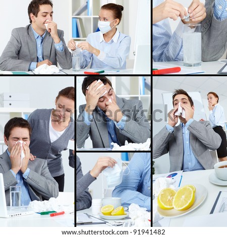 Collage of sick businessman with tissue and his colleague helping him treat illness in office