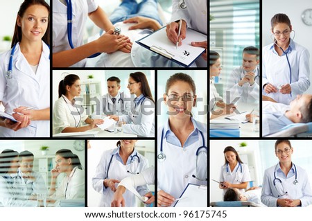 Collage of medical staff working with patient, filling the blanks and carrying out examination
