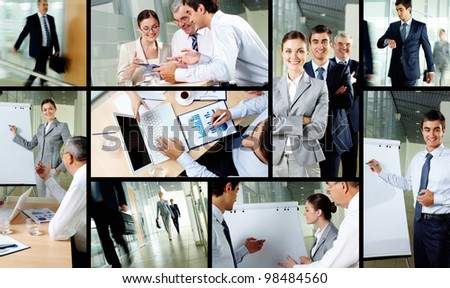 Collage of business partners working in office