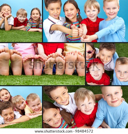 Collage of four restful kids looking at camera