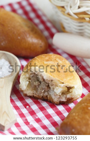 Russian pies with minced meat, egg and onion