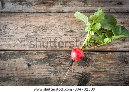 Fresh radish with leaves and earth on wooden table