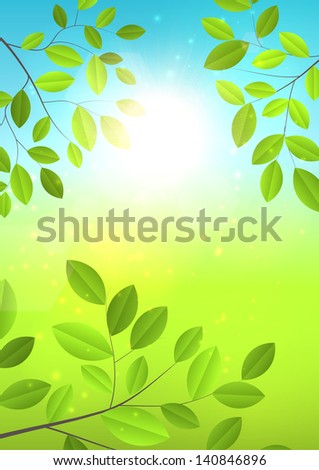 Green leaves background. Branches hanging in front of blurred nature landscape. EPS10 vector.