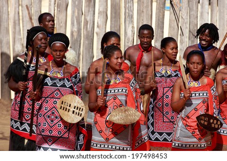 MANZINI SWAZILAND MAY 30 unidentified group of young men and woman wears traditional clothing and dance during presentation of a Swazi show on May 30 2014 Manzini Swaziland MANZINI SWAZILAND MAY 30 unidentified group of young men and woman wears traditional clothing and dance during presentation of a Swazi show on May 30 2014 Manzini Swaziland