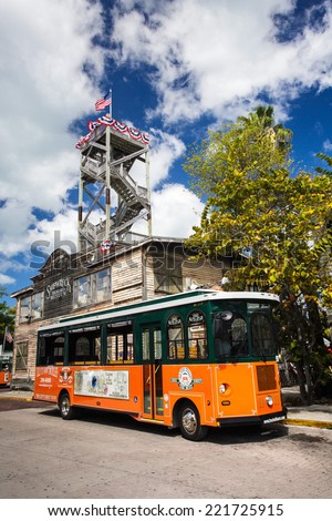 KEY WEST FEBRUARY 18: Tourist bus. Feb 18, 2014 in Key West, Florida ,USA: Key West is a popular tourist destination in Florida US.
