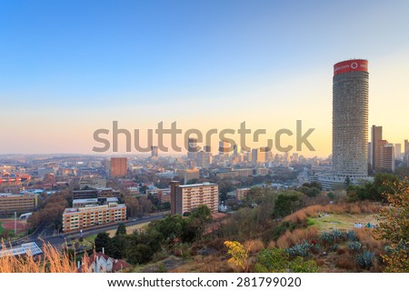 MAY 24: Cityscape of Johannesburg and Ponte City Building at sunset. May 24, 2015 in Johannesburg ,South Africa: Ponte City is a famous skyscraper in the Hillbrow neighbourhood of Johannesburg
