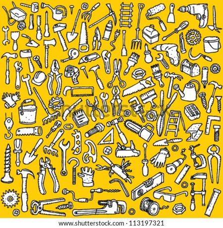 Tools Collection: Hand Drawn Illustrations Of Numerous Tool Icons (In