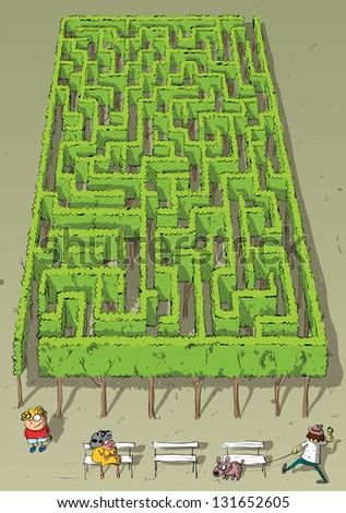 Landscape Park Trees Maze Game for children. Hand drawn illustration in eps10 vector mode. Task: find the way out! Answer is in hidden layer in eps file! (for vector see image 95292589)