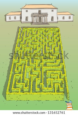 Landscape Hedge Maze Game for children. Hand drawn illustration in eps10 vector mode. Task: find the way to palace! Answer is in hidden layer in eps file! (for vector see image 95292592)