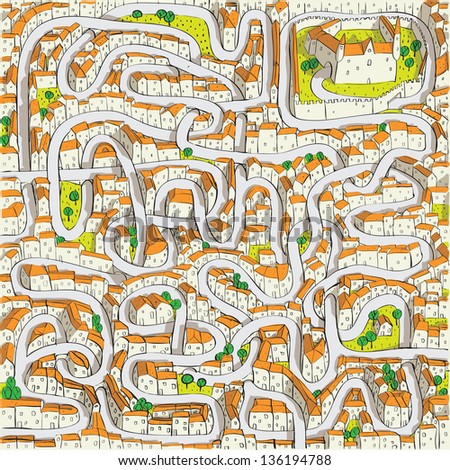 Old Town Maze Game for children. Hand drawn illustration. Task: find the way to castle! Solution is in hidden layer in vector file! (for vector see image 94368190)