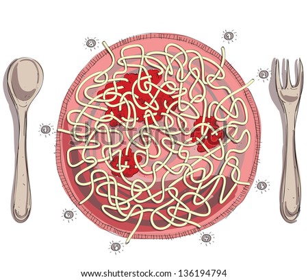 Spaghetti With Tomato Sauce Maze Game for children. Hand drawn illustration. Task: connect numbers! (for vector see image 94193050)