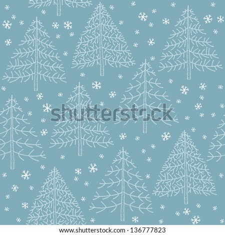 Seamless Winter Forest Pattern. Seamless hand drawn illustration (pattern) of Christmas trees with snowflakes on blue background. (for vector see image 117865444)