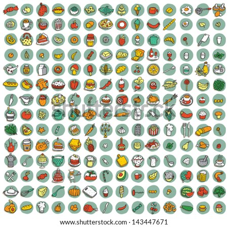 Collection of 196 food and kitchen doodled icons vignette with shadows on background in colours Individual illustrations are isolated and in eps10 vector mode Collection of 196 food and kitchen doodled icons vignette with shadows on background in colours Individual illustrations are isolated and in eps10 vector mode