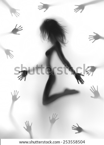 Sexy woman body silhouette with many hands around