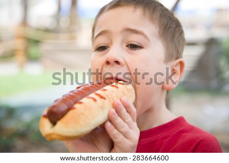 Little boy eats a huge hot-dog sandwich