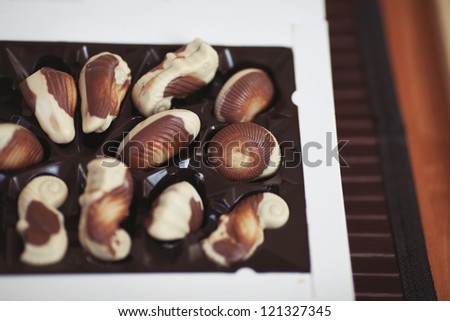 Box of Chocolate candies Assorted. Tasty italian sweets in form of seashells. collection of beautiful delicious chocolate. appetizing praline snack. cocoa truffle at day light. Vintage tonality added.