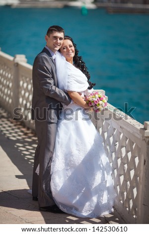Wedding couple Happy bride and groom embracing near sea loving newlywed couple together. beautiful couple in love woman in wedding dress and man in bridal marriage day at ocean. newlywed outdoors