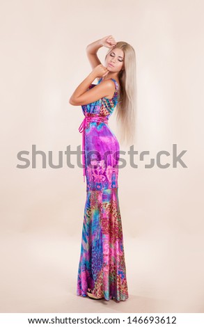 Beautiful woman with long hair vogue style Fashion girl model, sexy blonde woman with shiny silky hair in elegant summer dress. Summer fashion woman. Sales discount shopping. Beauty Model Girl blonde