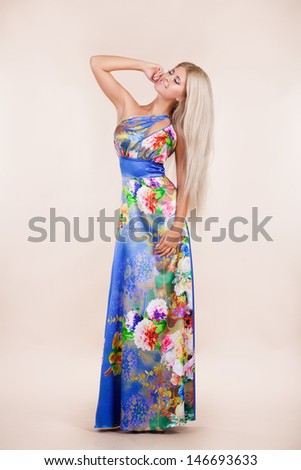 Beautiful woman with long hair vogue style Fashion girl model, sexy blonde woman with shiny silky hair in elegant summer dress. Summer fashion woman. Sales discount shopping. Beauty Model Girl blonde
