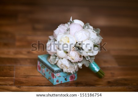Bride bouquet of wedding flowers white peony. Wedding day decoration. Classic Wedding bouquet of peony. Beautiful wedding flowers. Bridal flowers. Bouquet of bride. Autumn wedding flowers.  Marriage