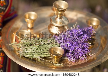 Lavender flowers aromatherapy on tea ceremony plate. Lavender herb flowers. bunch of lavender flowers