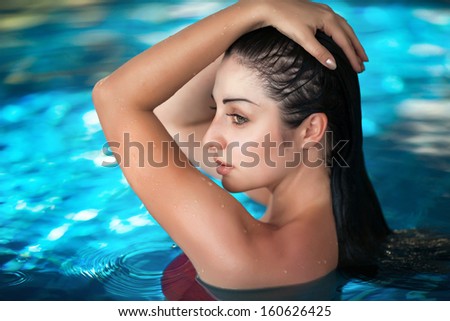 Beauty sexy woman in spa water pool. young woman beauty portrait in water. girl in swimming pool natural beauty woman. woman in swimwear.