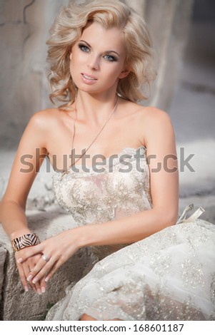 Vogue style woman, fashion bride at wedding dress. Glamour blonde woman with wedding makeup and hairstyle. Sensual woman outdoors. beauty woman in fashionable dress