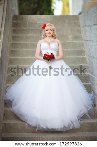 Beautiful Bride Outdoors Wedding Portrait, newlywed woman in wedding  dress with bridal flowers. Happy Bride posingin park.