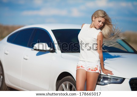 Sexy woman car, sensual blonde girl with luxury car outdoor portrait. young woman driver. series.