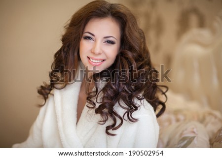 Beautiful young woman morning in bed, Portrait of cute cheerful girl in morning. Soft focus.