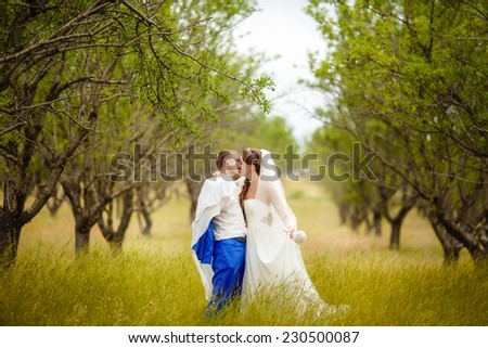 Bride and Groom at wedding Day walking Outdoors. Marriage. Loving couple, Happy Newlywed woman and man embracing in green park. Bridal wedding couple outdoor. series. soft focus