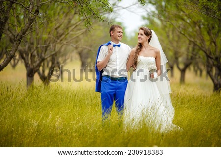 Bride and Groom at wedding Day walking Outdoors. Marriage. Loving couple, Happy Newlywed woman and man embracing in green park. Bridal wedding couple outdoor. series. soft focus