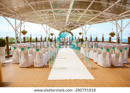 Decorations tropical wedding, stylish marriage ceremony at ocean, bridal day decorations, luxury, soft focus selective , series