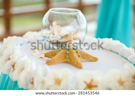 Decorations tropical wedding, stytish marriage ceremony at ocean, bridal day decorations, luxury, soft focus selective , series