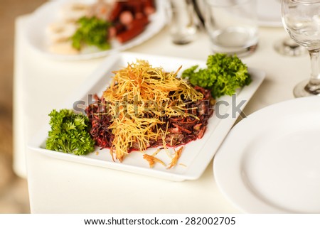 Party food table wedding dinner or birthday party snacks and salad, selective soft focus, series