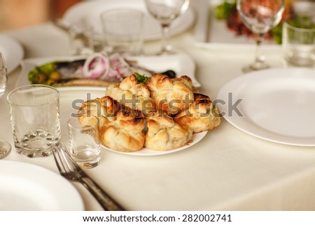 Party food table wedding dinner or birthday party snacks and salad, selective soft focus, series