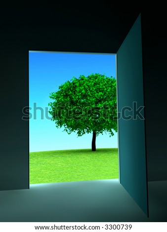 Door to green hill with oak tree